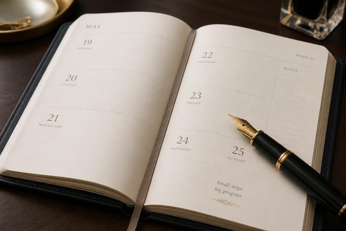 An elegant open planner and fountain pen on a desk